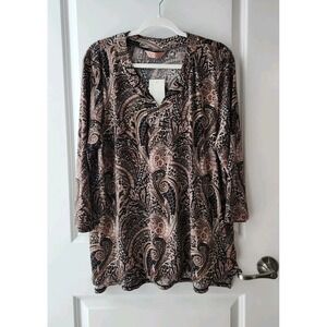 AMANA Women's Tunic Paisley Blouse Top Long Sleeve V-Neck Size 1X
